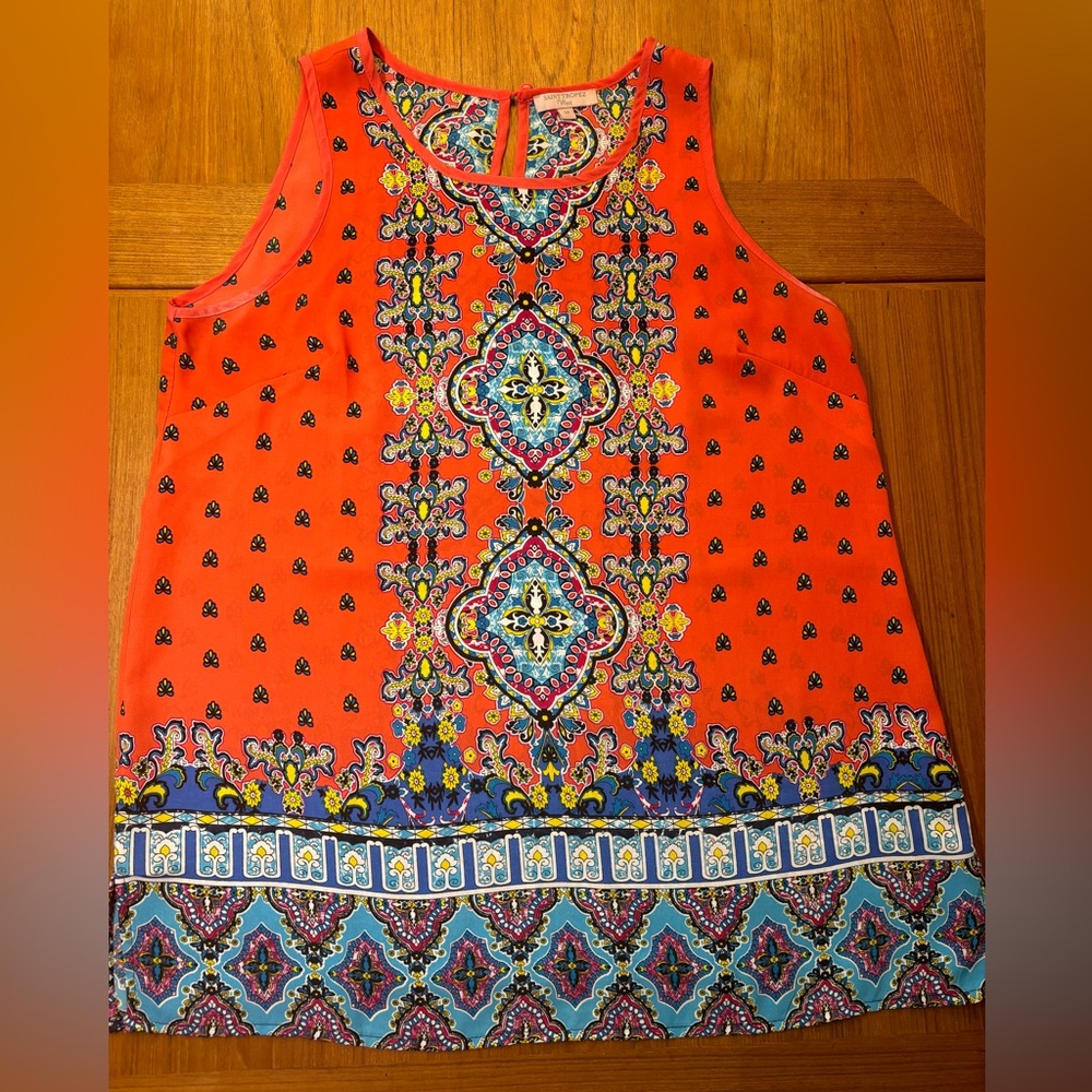 Saint Tropez West Bright Salmon and Blue Patterned Tank Top